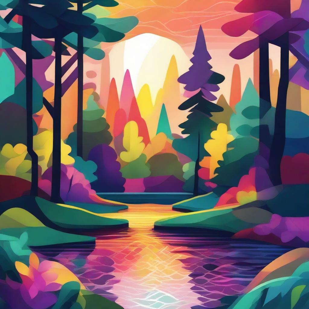 An abstract illustration of a lush forest with a stream, illuminated by the vibrant colors of a sunrise. Use geometric patterns and bold hues to represent the awakening trees, gurgling stream, and the breaking dawn.