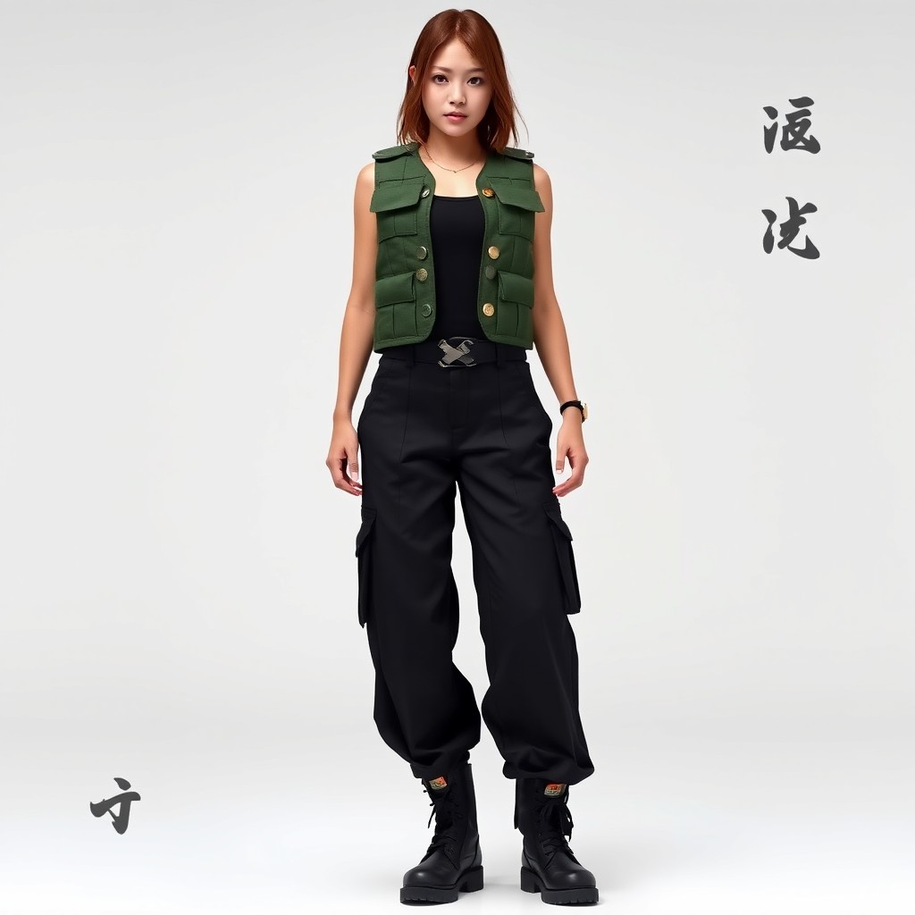 A realistic image of a female model wearing a military-inspired outfit