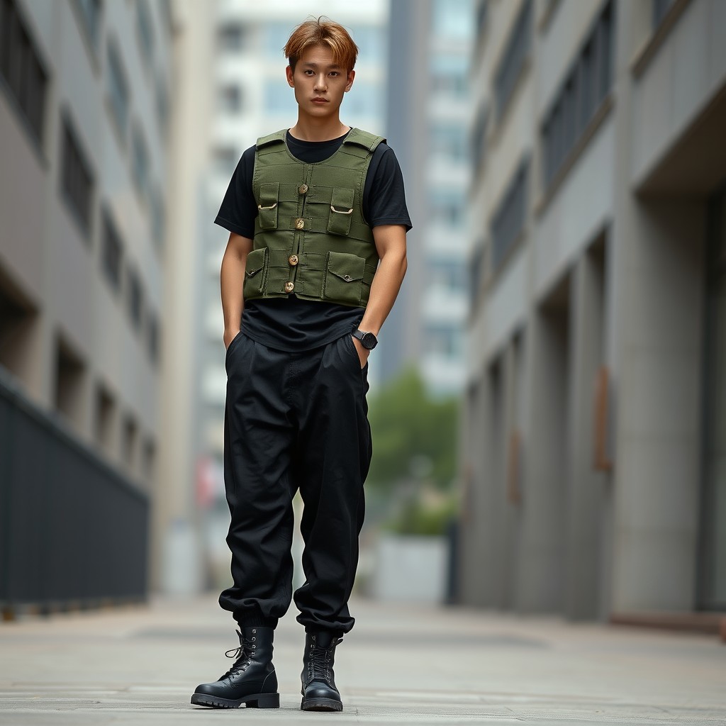A realistic depiction of a male model wearing an outfit featuring loose black pants similar to a military uniform style, paired with black combat boots