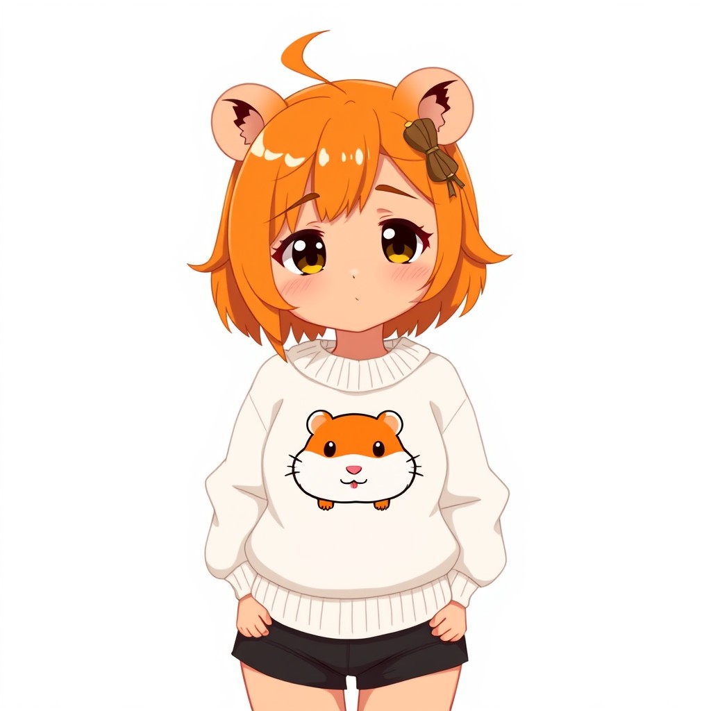 An adult anime anthropomorphic hamster woman with tanned skin, featuring bright orange short hair styled with side bangs that reach her chin and bangs framing her forehead