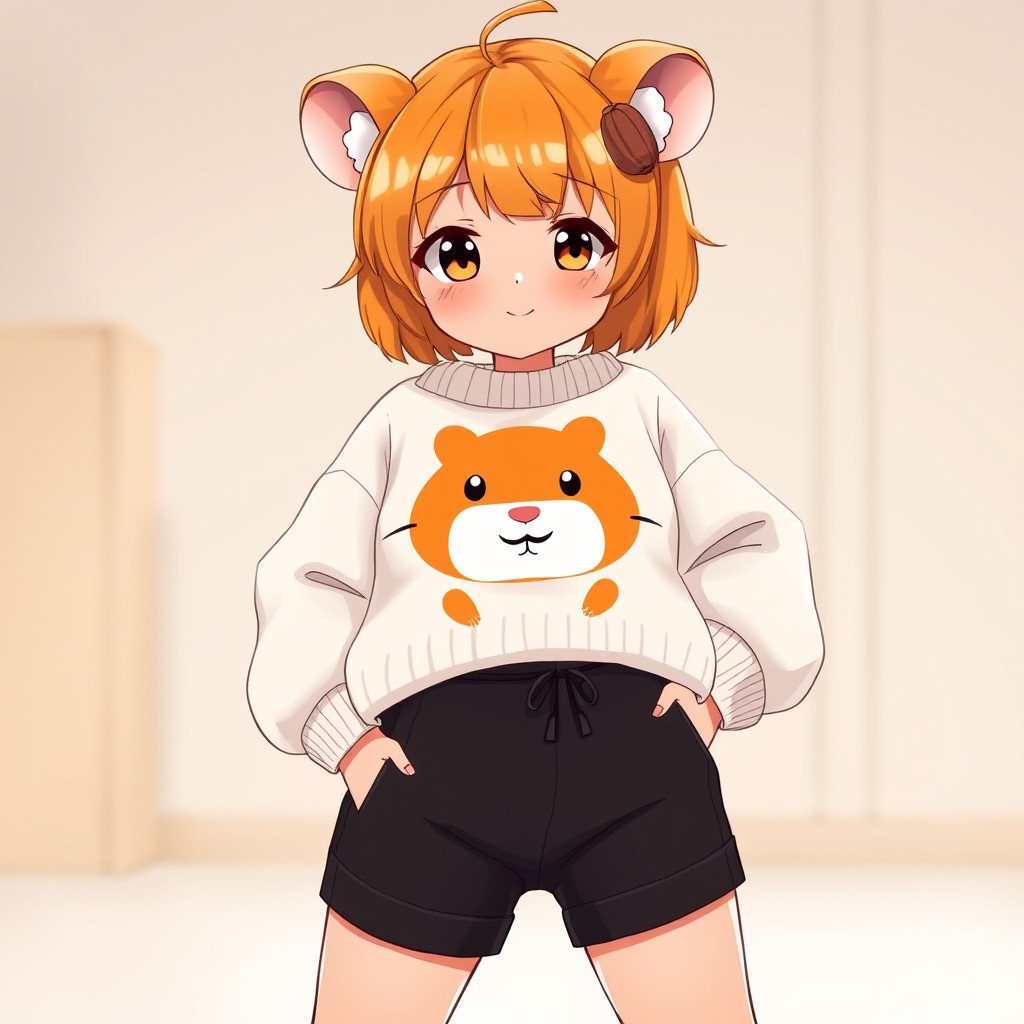An adult anime woman anthropomorphic hamster with golden brown tanned skin and vibrant orange short hair styled with side bangs that reach her chin, complemented by bangs that frame her forehead