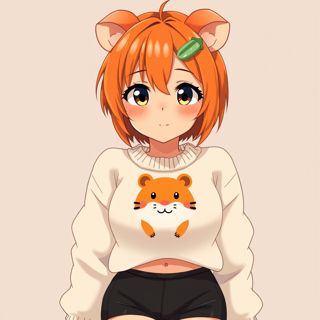 An anime adult woman with golden brown tanned skin, featuring bright orange short hair styled with side bangs that elegantly reach her chin, complemented by bangs that frame her forehead