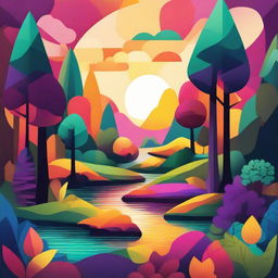 An abstract illustration of a lush forest with a stream, illuminated by the vibrant colors of a sunrise. Use geometric patterns and bold hues to represent the awakening trees, gurgling stream, and the breaking dawn.