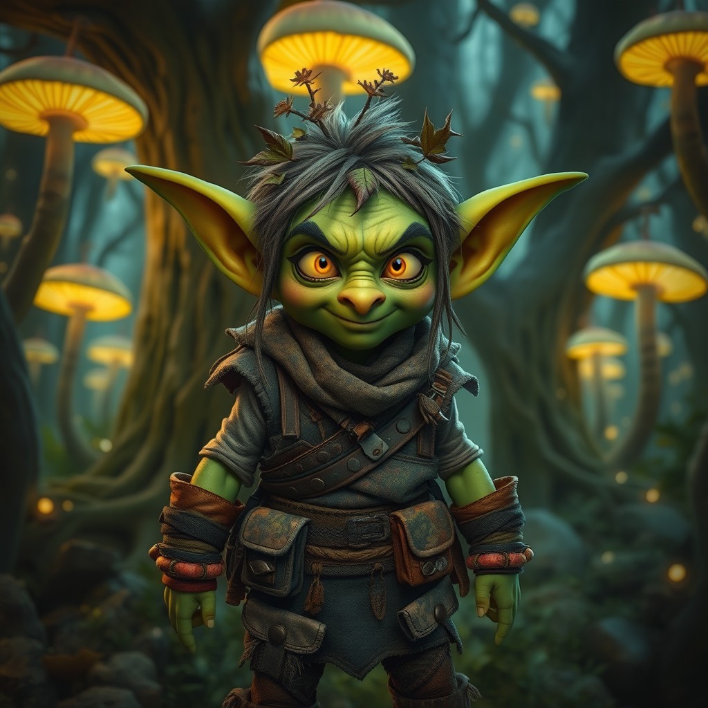 A fantastical goblin character in a mystical forest, with vibrant green skin, large pointy ears, and mischievous yellow eyes