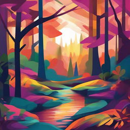 An abstract illustration of a lush forest with a stream, illuminated by the vibrant colors of a sunrise. Use geometric patterns and bold hues to represent the awakening trees, gurgling stream, and the breaking dawn.