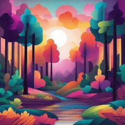 An abstract illustration of a lush forest with a stream, illuminated by the vibrant colors of a sunrise. Use geometric patterns and bold hues to represent the awakening trees, gurgling stream, and the breaking dawn.