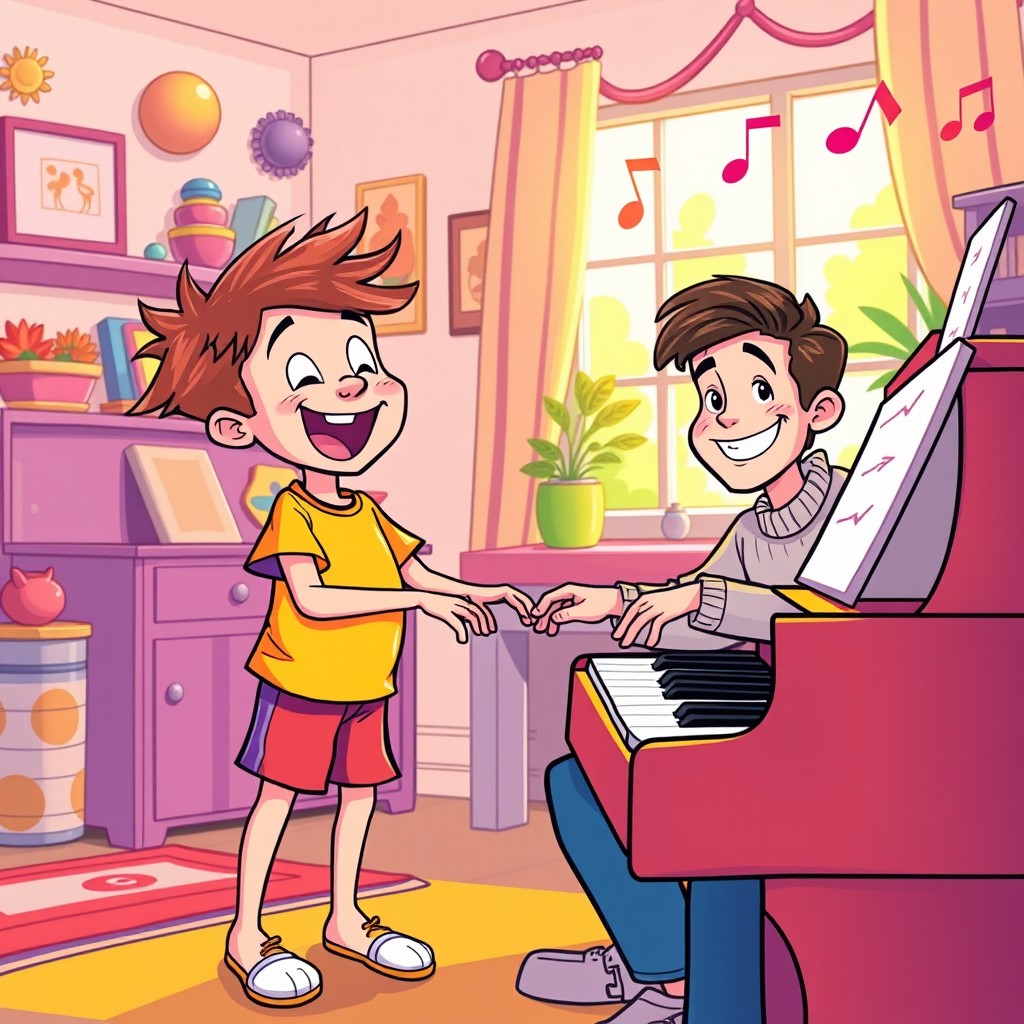 A colorful cartoon scene depicting a young boy joyfully playing a piano alongside his father