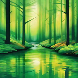 An abstract image of a lush green forest with a stream, enlightened by the vivid colors of sunrise. Showcase strong geometric patterns and vivid shades of green to represent the leafy trees, glistening stream, and the dawn's first light.