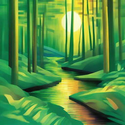 An abstract image of a lush green forest with a stream, enlightened by the vivid colors of sunrise. Showcase strong geometric patterns and vivid shades of green to represent the leafy trees, glistening stream, and the dawn's first light.