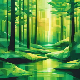 An abstract image of a lush green forest with a stream, enlightened by the vivid colors of sunrise. Showcase strong geometric patterns and vivid shades of green to represent the leafy trees, glistening stream, and the dawn's first light.