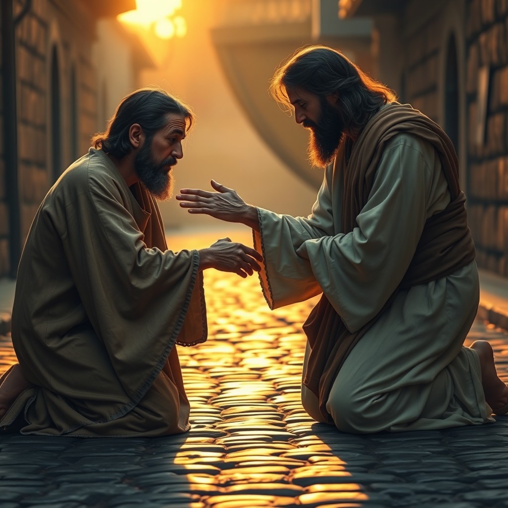 A powerful and emotional scene depicting Jesus kneeling on a cobblestone street, tears streaming down His face as He empathizes with a crippled man seated beside Him