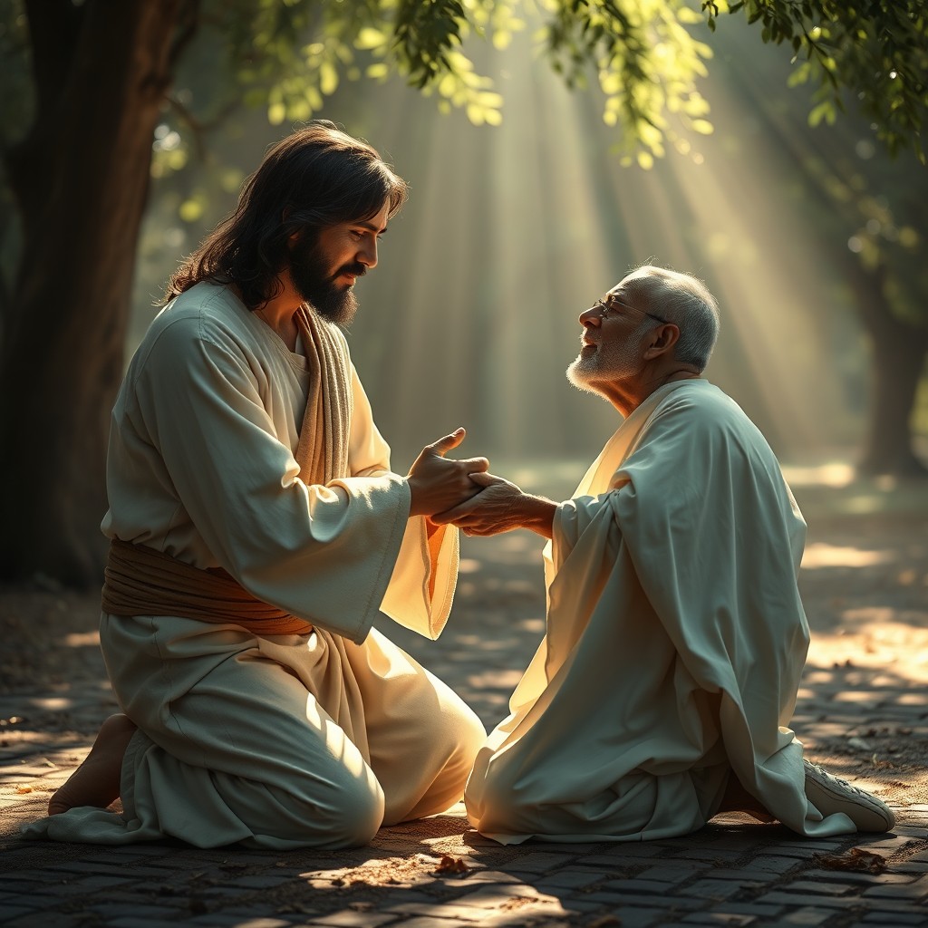 An emotional scene depicting Jesus, tears glistening on His cheeks, kneeling beside a crippled man on a shaded ground
