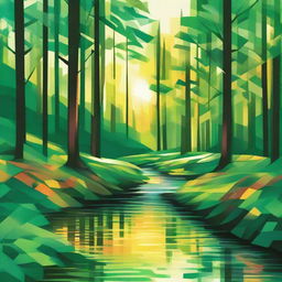 An abstract image of a lush green forest with a stream, enlightened by the vivid colors of sunrise. Showcase strong geometric patterns and vivid shades of green to represent the leafy trees, glistening stream, and the dawn's first light.