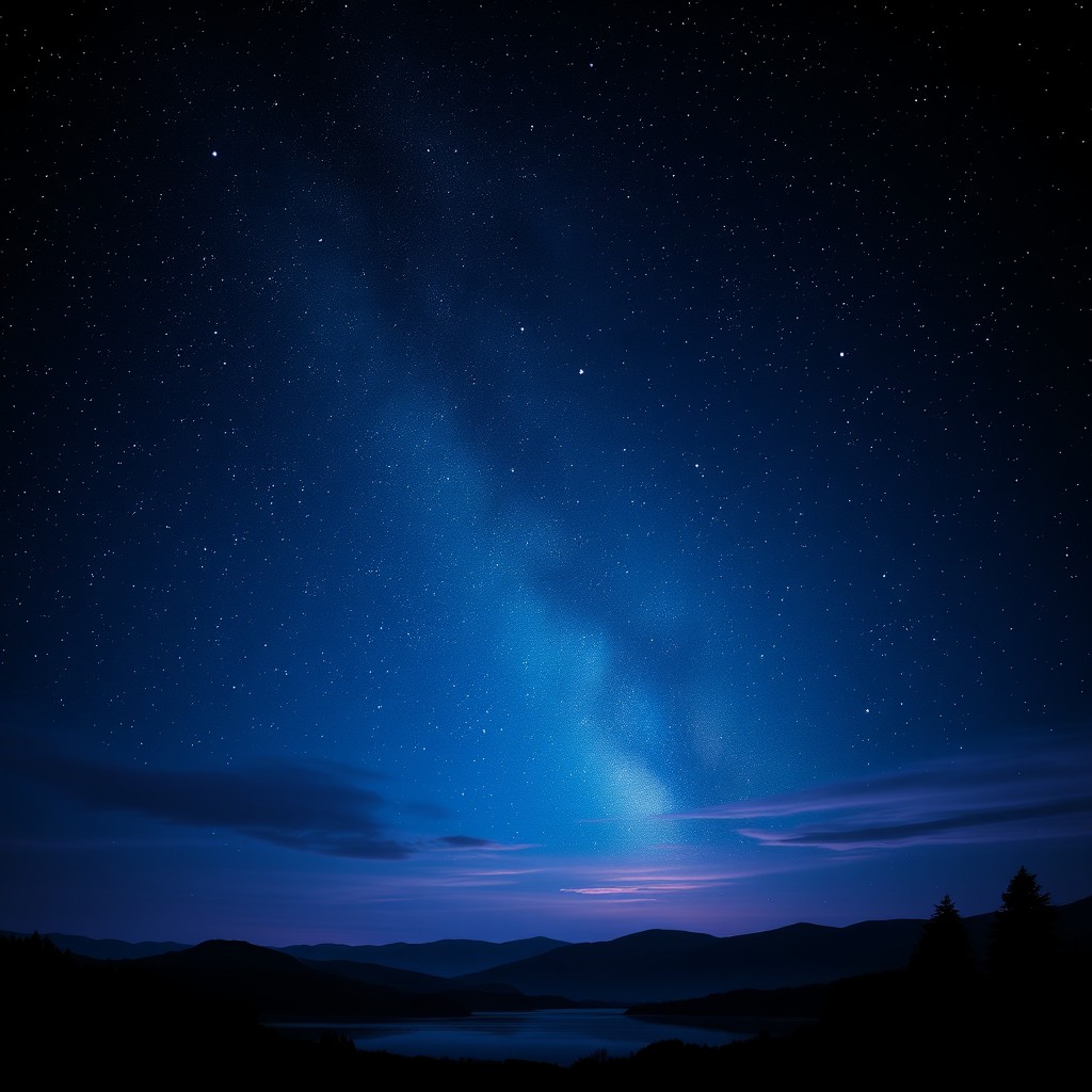 A serene night sky filled with countless stars, deep blue and black hues blending together, with a subtle hint of purple and silver shining through