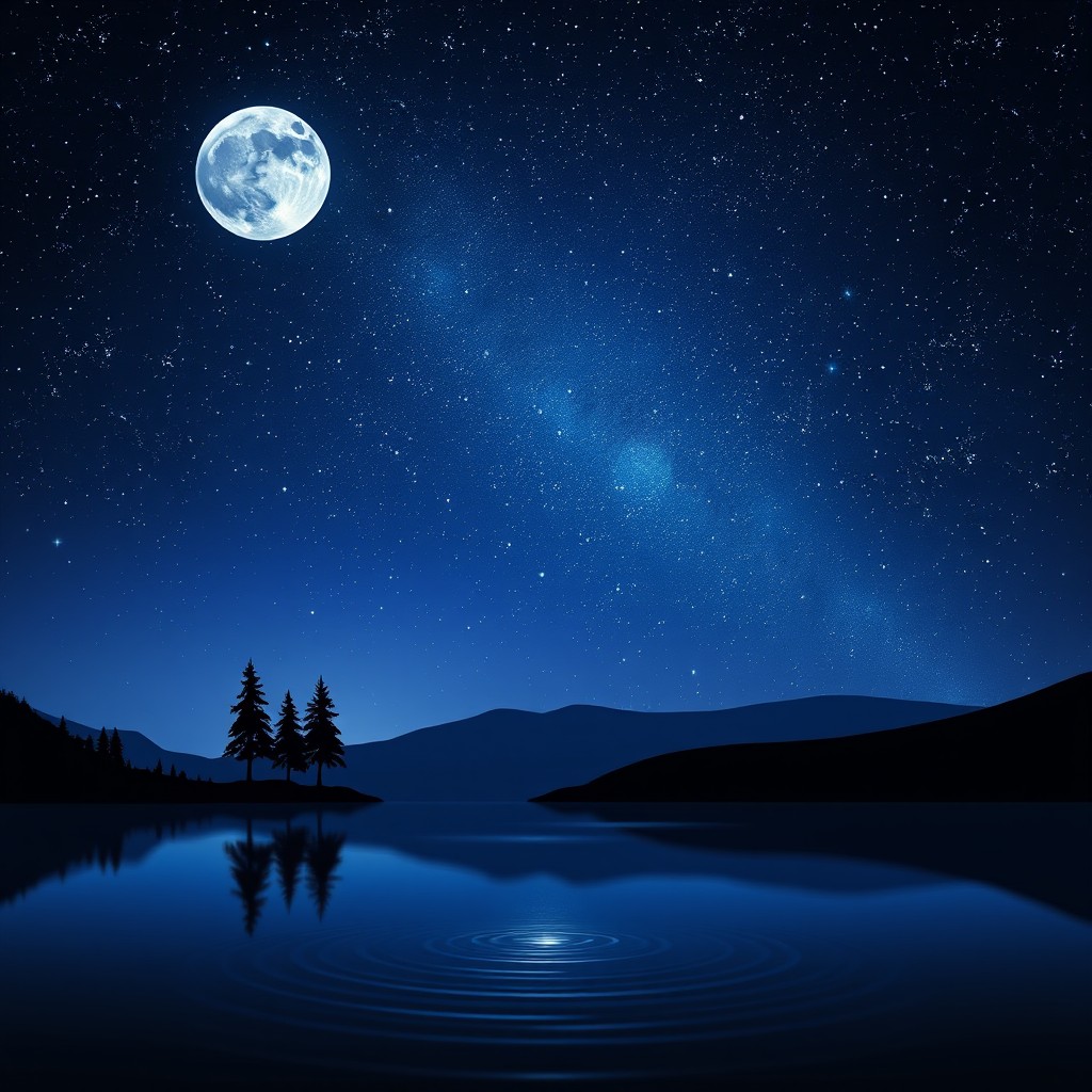 A serene night scene depicting a tranquil landscape under a starry sky