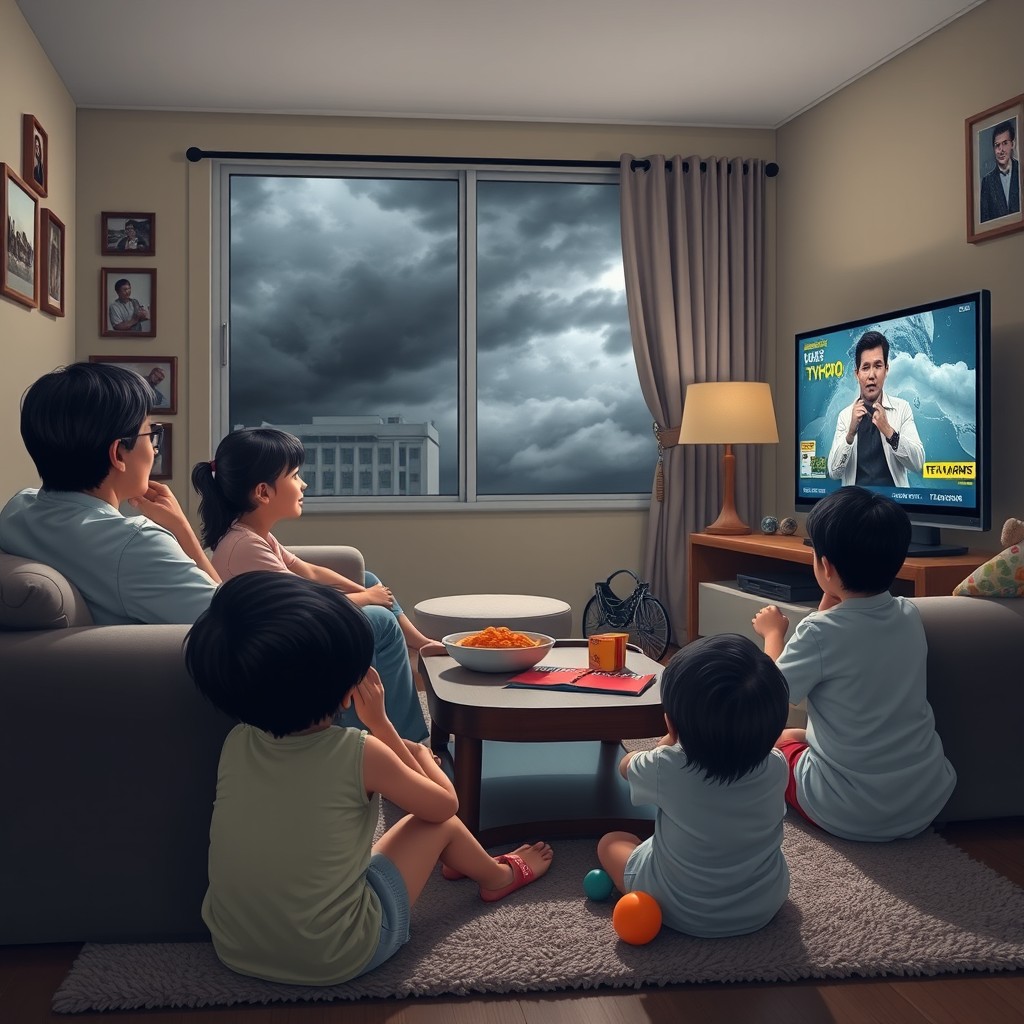 A family gathered in their cozy living room, watching the news on television about an approaching typhoon