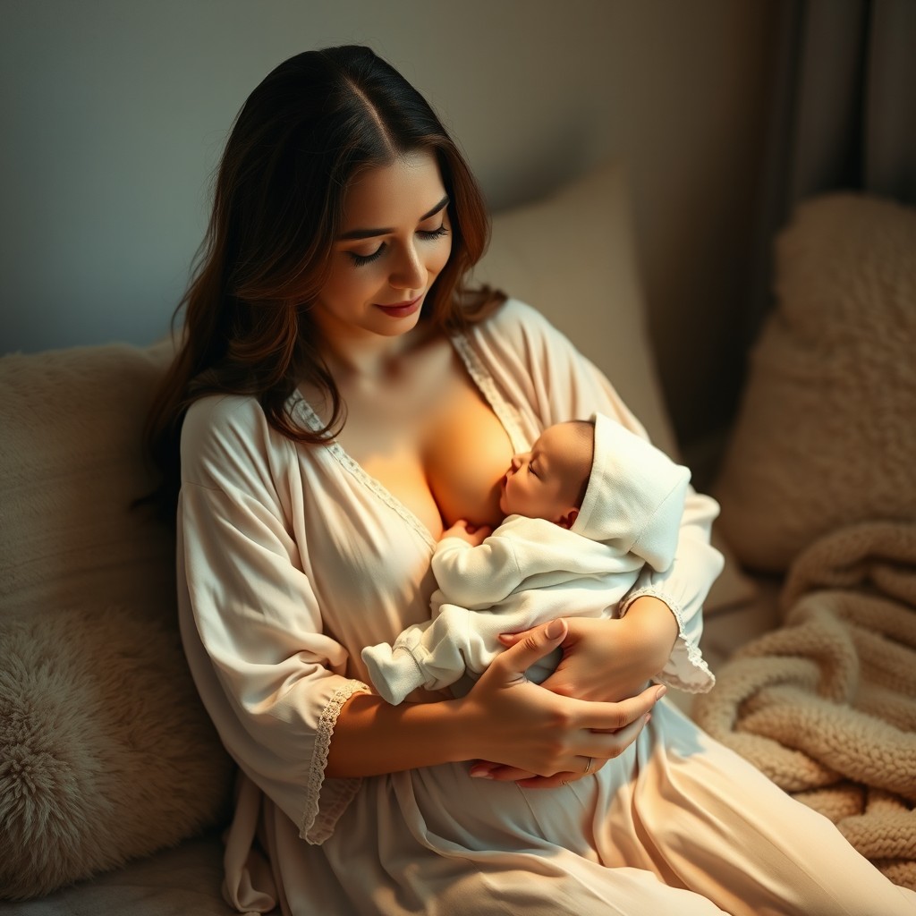 A serene scene of a woman peacefully breastfeeding her baby while wearing a soft, flowing nighty dress
