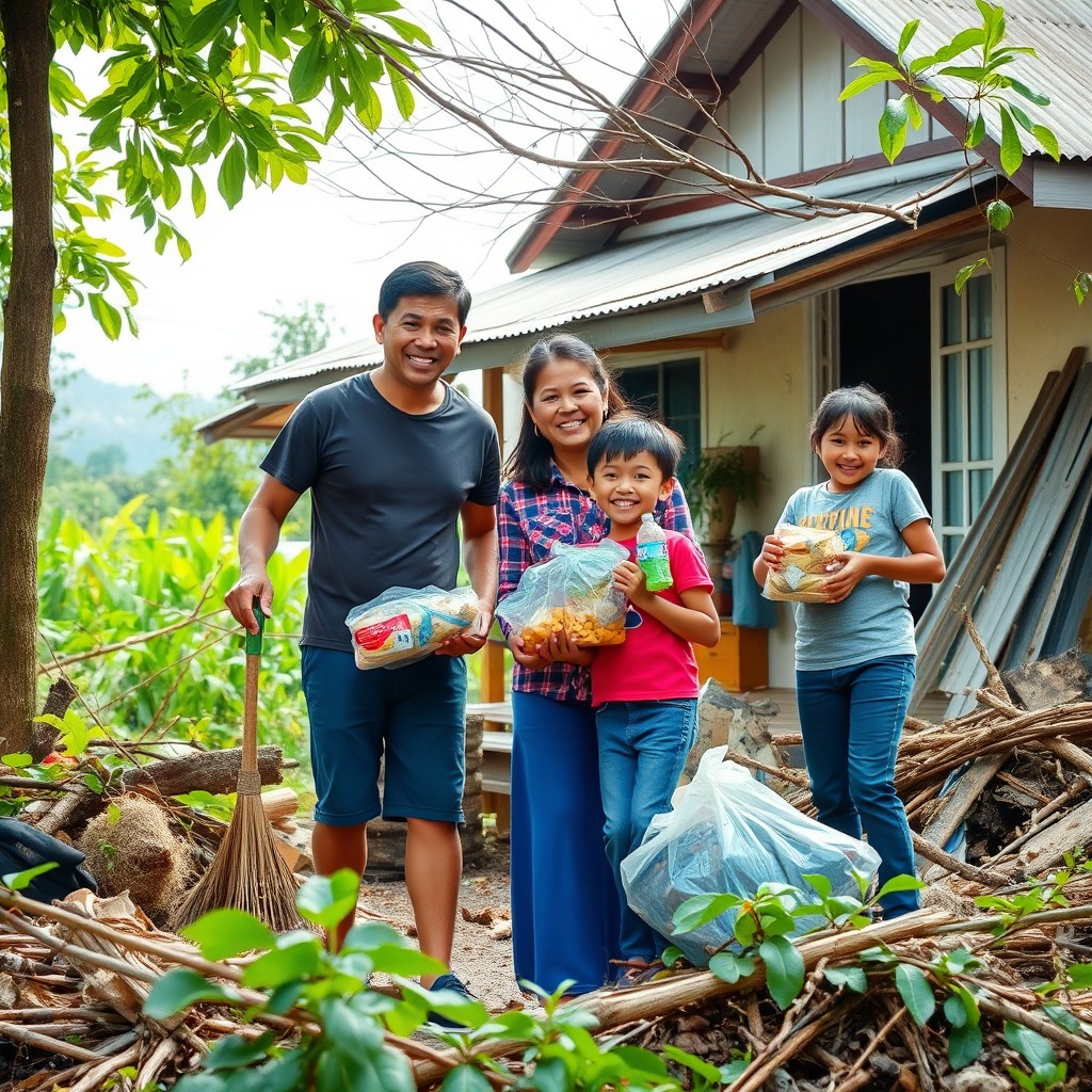 A warm scene depicting a Filipino family actively helping in their community after a typhoon