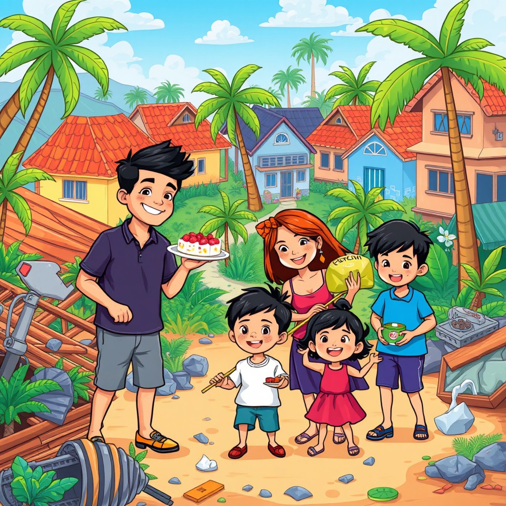 A colorful cartoon illustration of a Filipino family helping their community after a storm