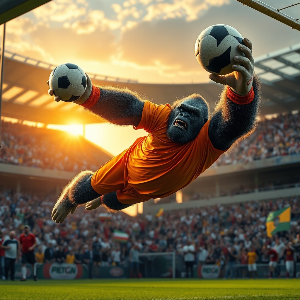 A gigantic, muscular gorilla dressed in a vibrant soccer goalkeeper kit, complete with gloves, diving to make an incredible save in a bustling stadium filled with excited spectators