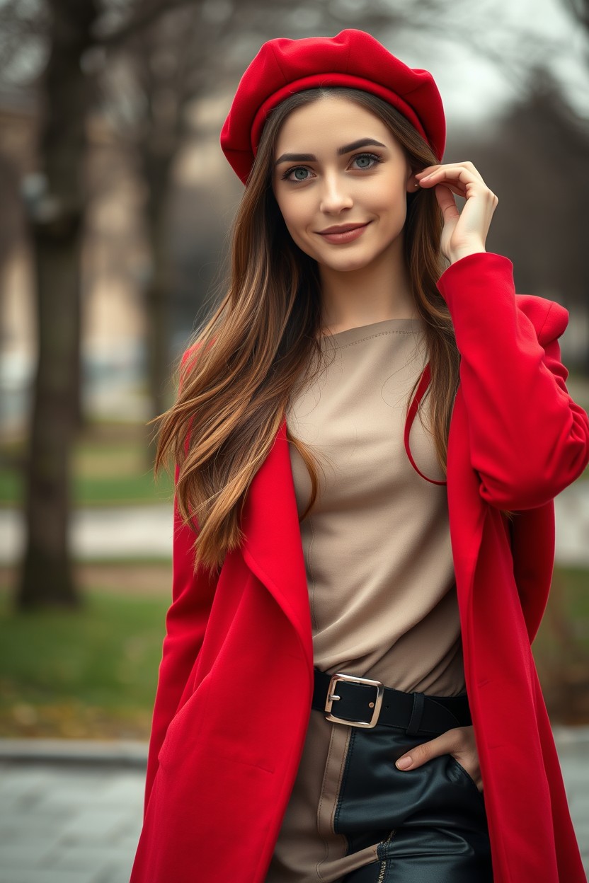 A full-body, full-length ultra-realistic cinematic portrait of a beautiful 22-year-old French woman with fair skin, soft light blue eyes, and long chestnut brown hair