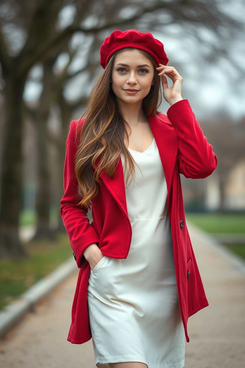 A full body, full-length ultra-realistic cinematic portrait of a beautiful 20-year-old French woman with fair skin, soft light blue eyes, and long chestnut brown hair