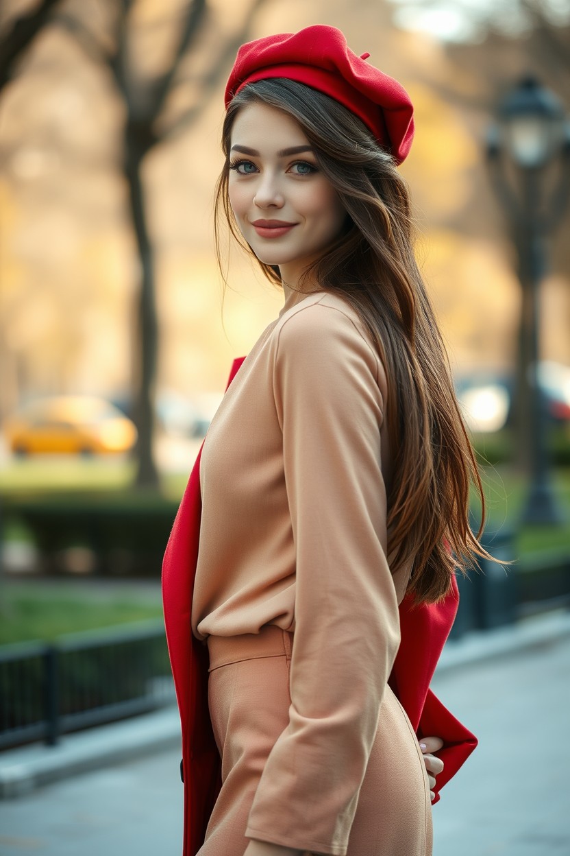 Full body, full-length ultra-realistic cinematic portrait of a beautiful 20-year-old French woman with fair skin, soft light blue eyes, and long chestnut brown hair