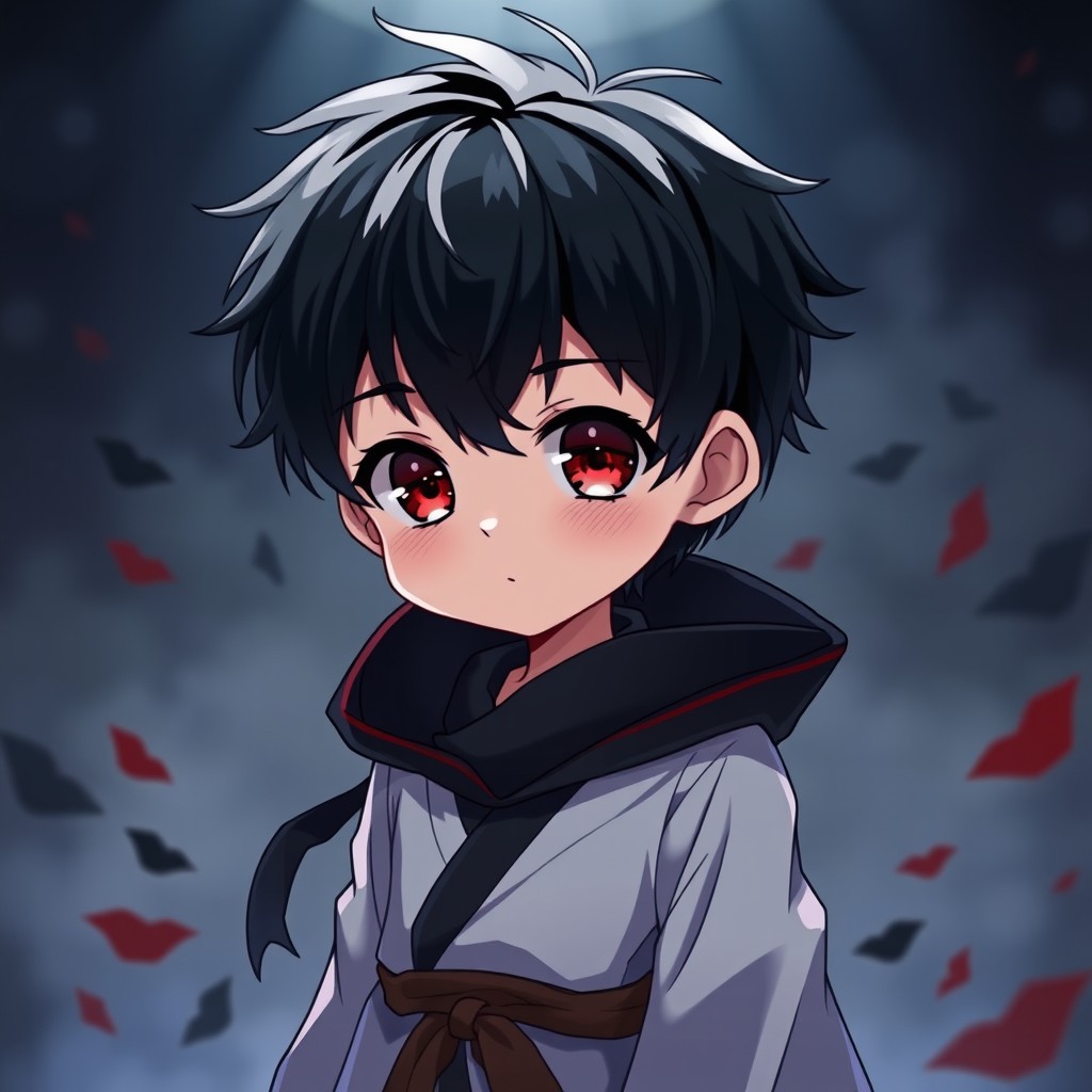 A cute anime boy with black hair and striking red eyes, depicted in a dark anime style