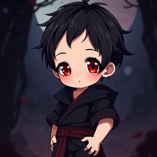 A cute anime boy with black hair and striking red eyes, depicted in a dark anime style