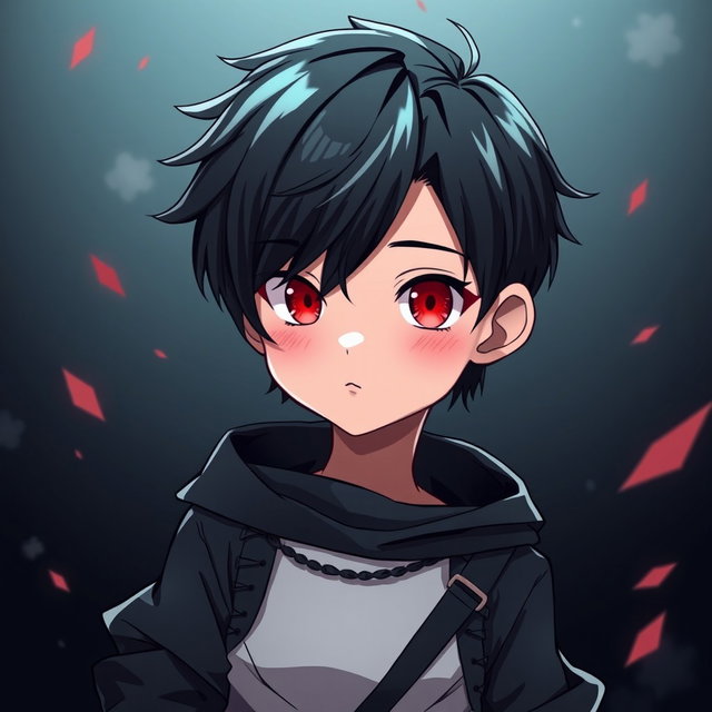 A cool anime boy with sleek black hair and captivating red eyes, illustrated in a dark anime style