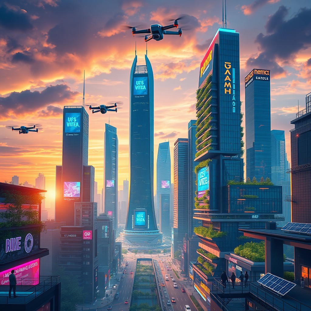 A futuristic city skyline showcasing advanced technology, with towering skyscrapers featuring holographic advertisements and neon lights