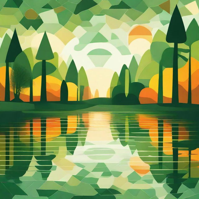 An abstract image depicting a lush green forest surrounding a tranquil lake at sunrise. Use geometric patterns to convey the beauty of nature with vivid shades of green and orange to represent the trees and the morning sun.