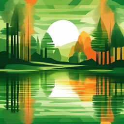 An abstract image depicting a lush green forest surrounding a tranquil lake at sunrise. Use geometric patterns to convey the beauty of nature with vivid shades of green and orange to represent the trees and the morning sun.