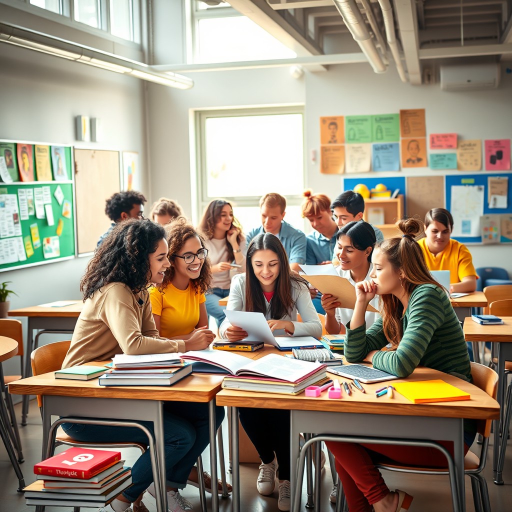 A vibrant, lively scene depicting a group of diverse high school students engaging in various activities in a dynamic school environment