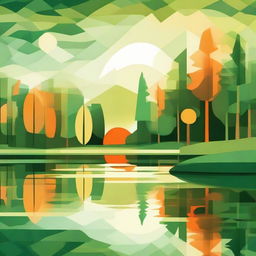 An abstract image depicting a lush green forest surrounding a tranquil lake at sunrise. Use geometric patterns to convey the beauty of nature with vivid shades of green and orange to represent the trees and the morning sun.