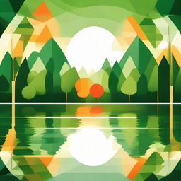 An abstract image depicting a lush green forest surrounding a tranquil lake at sunrise. Use geometric patterns to convey the beauty of nature with vivid shades of green and orange to represent the trees and the morning sun.