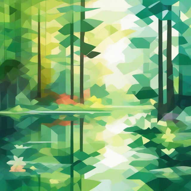 An abstract image of a forest awakening, featuring a serene lake and blooming flowers at sunrise, highlighted with vibrant shades of green. Use geometric shapes to emphasize the trees, water, and an array of flowers under the morning sun.