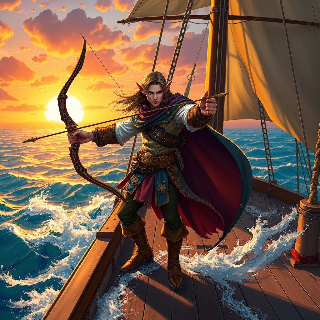 A dynamic scene featuring a male swashbuckling elf standing on the deck of a ship in the Pathfinder world, heroically wielding a beautifully crafted bow