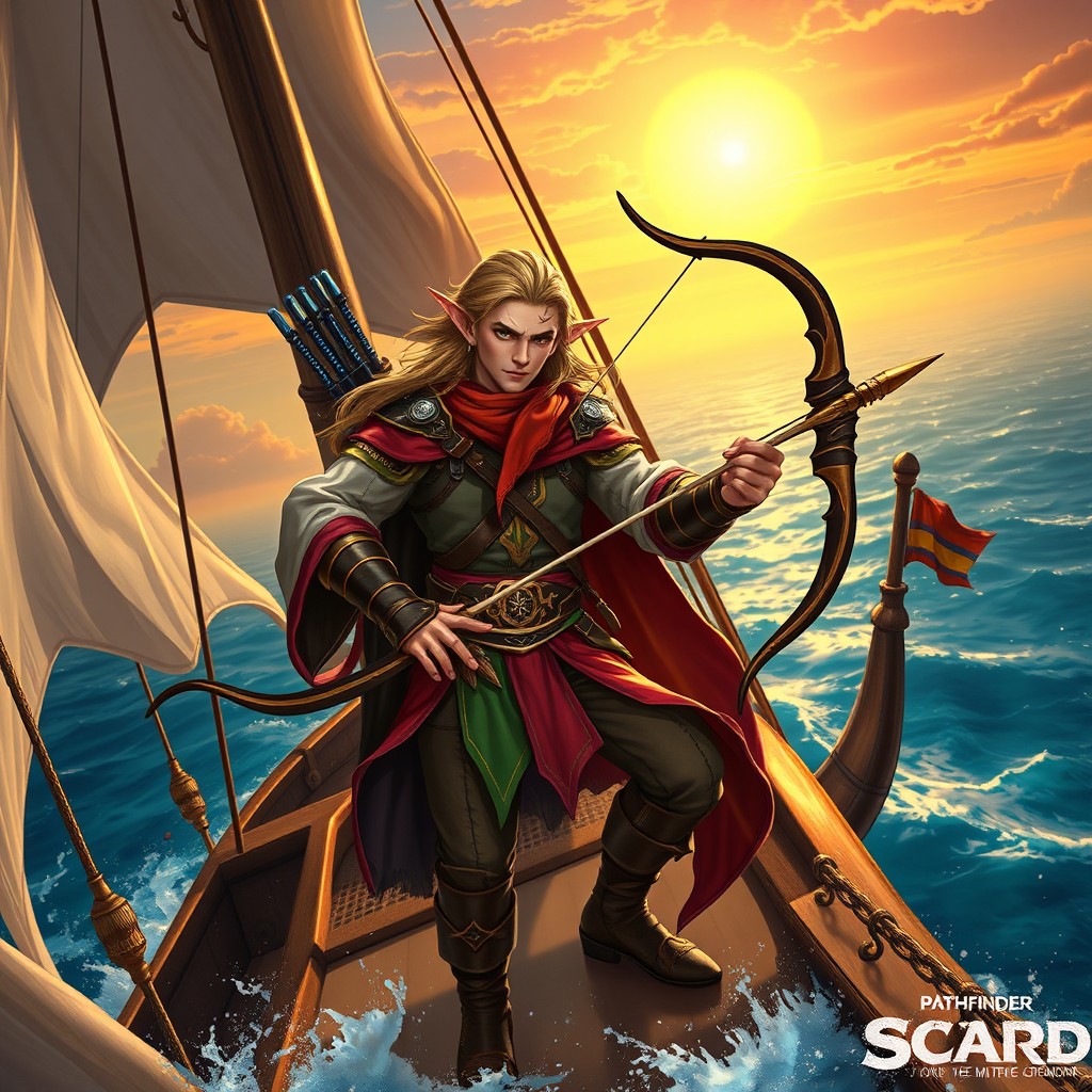 A striking image of a male swashbuckling elf on a ship in the Pathfinder world, confidently holding a beautifully crafted bow