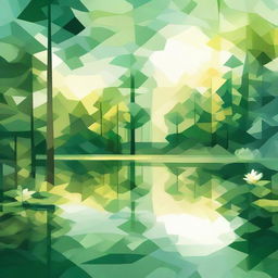 An abstract image of a forest awakening, featuring a serene lake and blooming flowers at sunrise, highlighted with vibrant shades of green. Use geometric shapes to emphasize the trees, water, and an array of flowers under the morning sun.