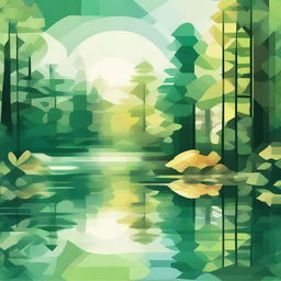 An abstract image of a forest awakening, featuring a serene lake and blooming flowers at sunrise, highlighted with vibrant shades of green. Use geometric shapes to emphasize the trees, water, and an array of flowers under the morning sun.