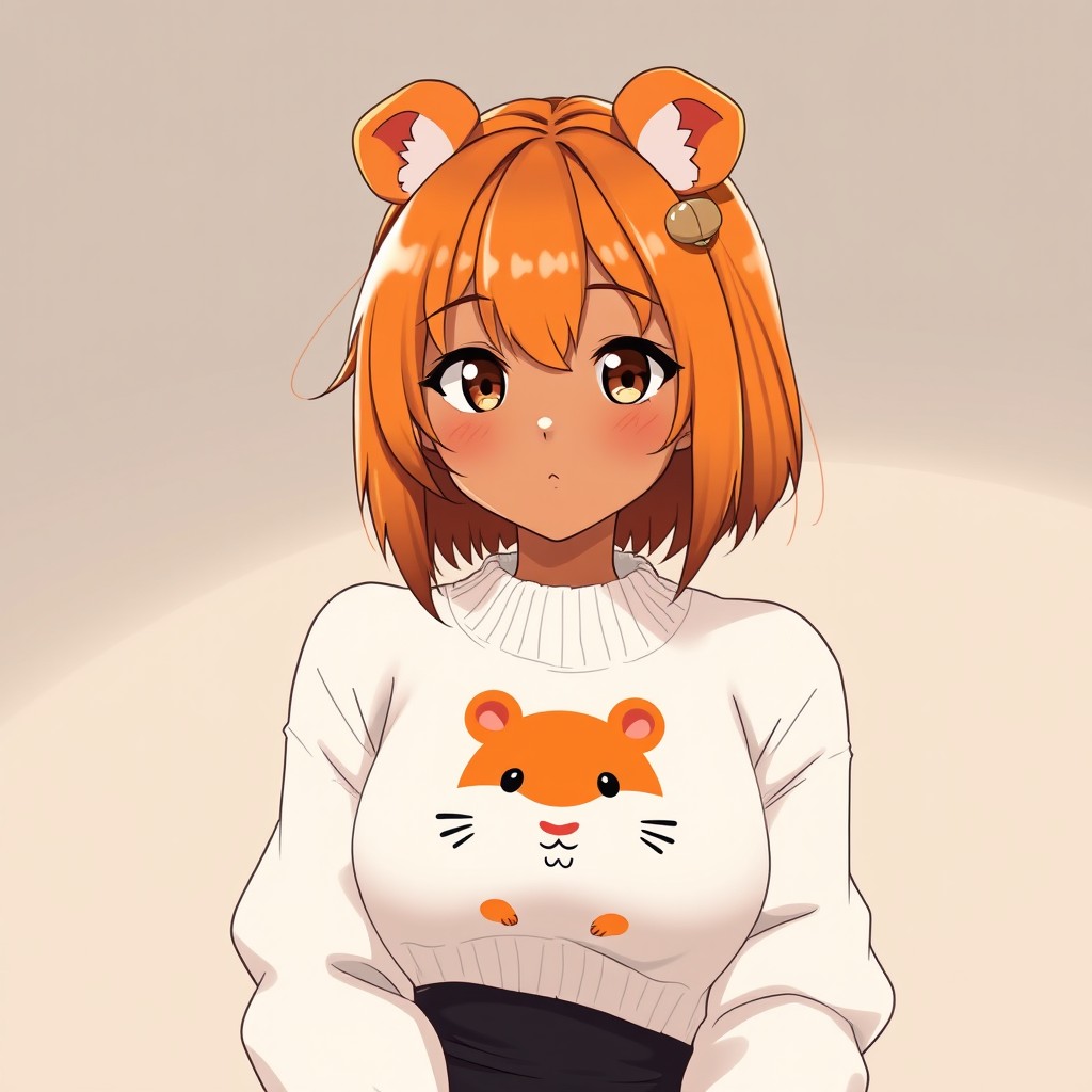 An anime adult woman with golden brown tanned skin, featuring vibrant orange short hair styled with side bangs that reach her chin, along with bangs that beautifully frame her forehead