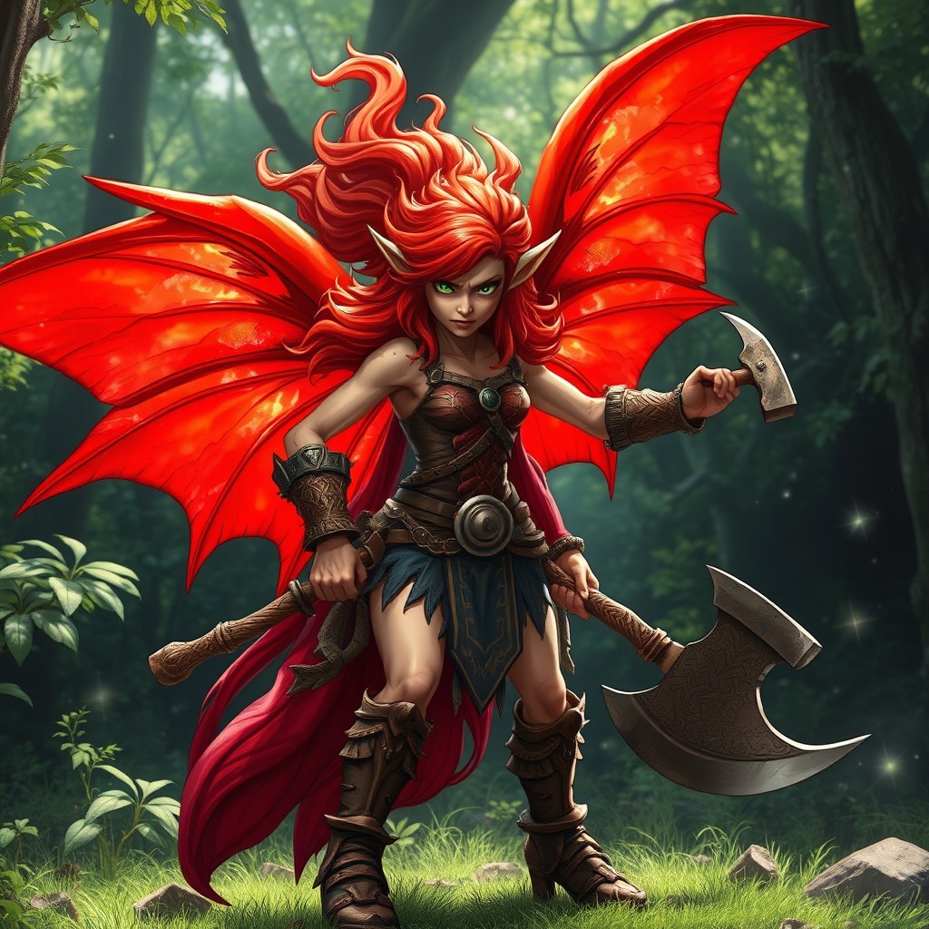 An angry red fairy, embodying a fierce barbarian spirit, stands defiantly in a lush forest