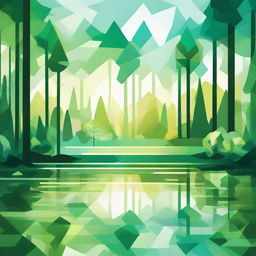 An abstract image of a forest awakening, featuring a serene lake and blooming flowers at sunrise, highlighted with vibrant shades of green. Use geometric shapes to emphasize the trees, water, and an array of flowers under the morning sun.