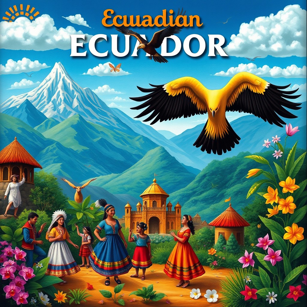 A vibrant and colorful depiction of Ecuadorian cultural identity, showcasing traditional elements such as the diverse landscapes including the Andes mountains and the Amazon rainforest