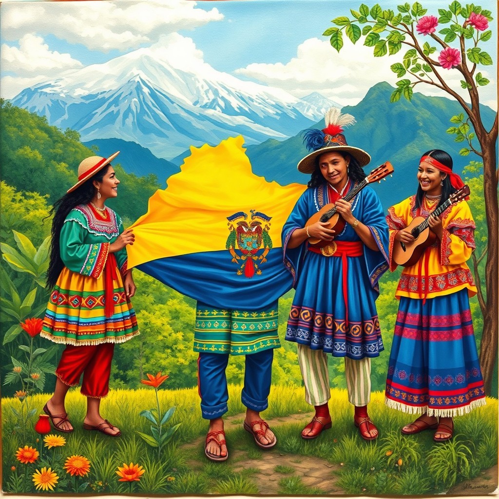 An expressive and colorful representation of Ecuador's cultural identity, showcasing key elements like traditional Andean clothing, including vibrant ponchos and trousers, adorned with intricate patterns