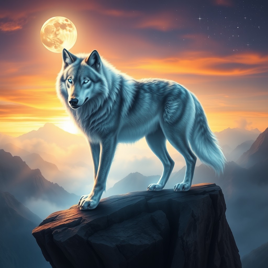 A majestic spirit animal embodying strength and wisdom, featuring a mystical wolf with glowing blue eyes, standing proudly on a cliff surrounded by misty mountains