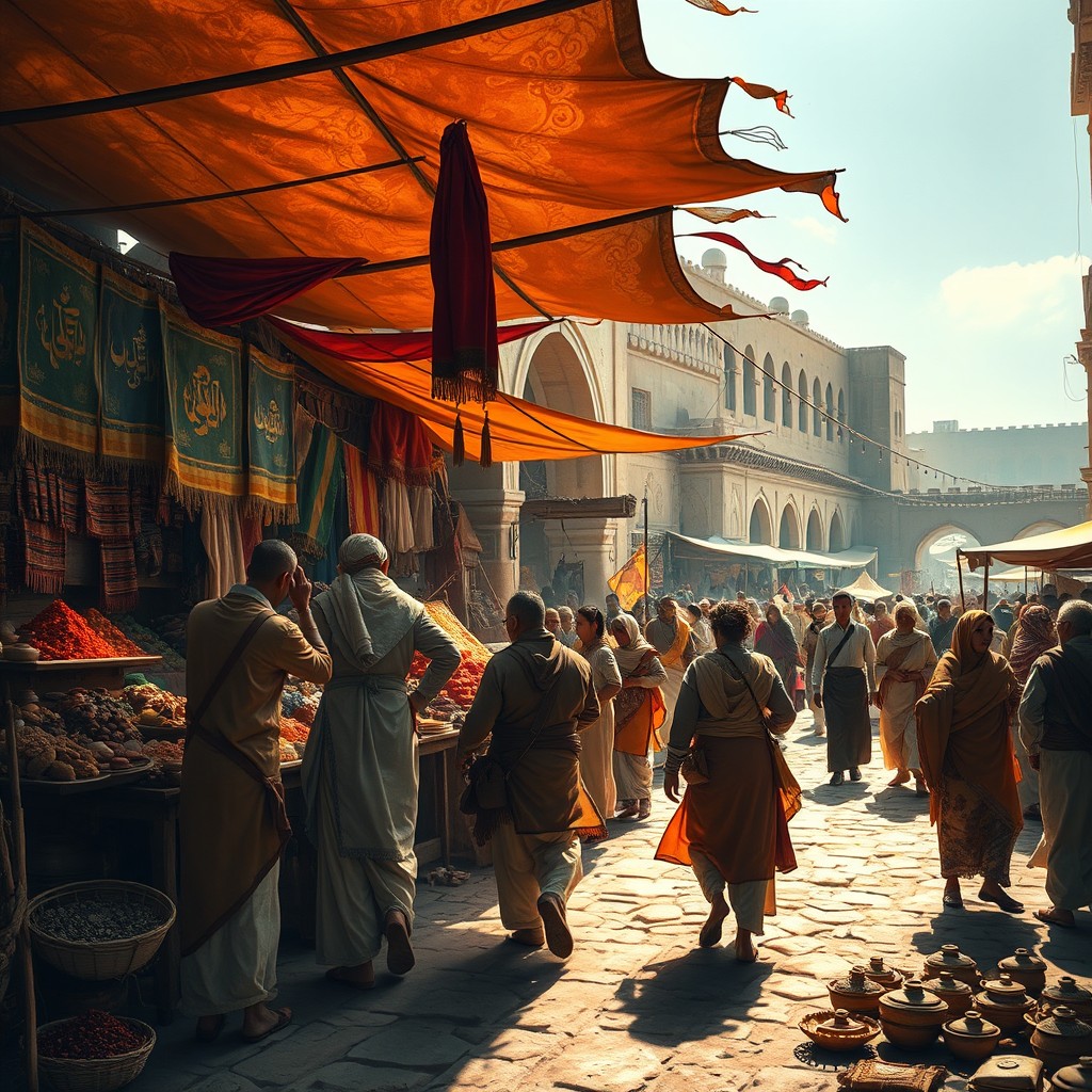 A dramatic scene depicting an ancient marketplace, bustling with activity