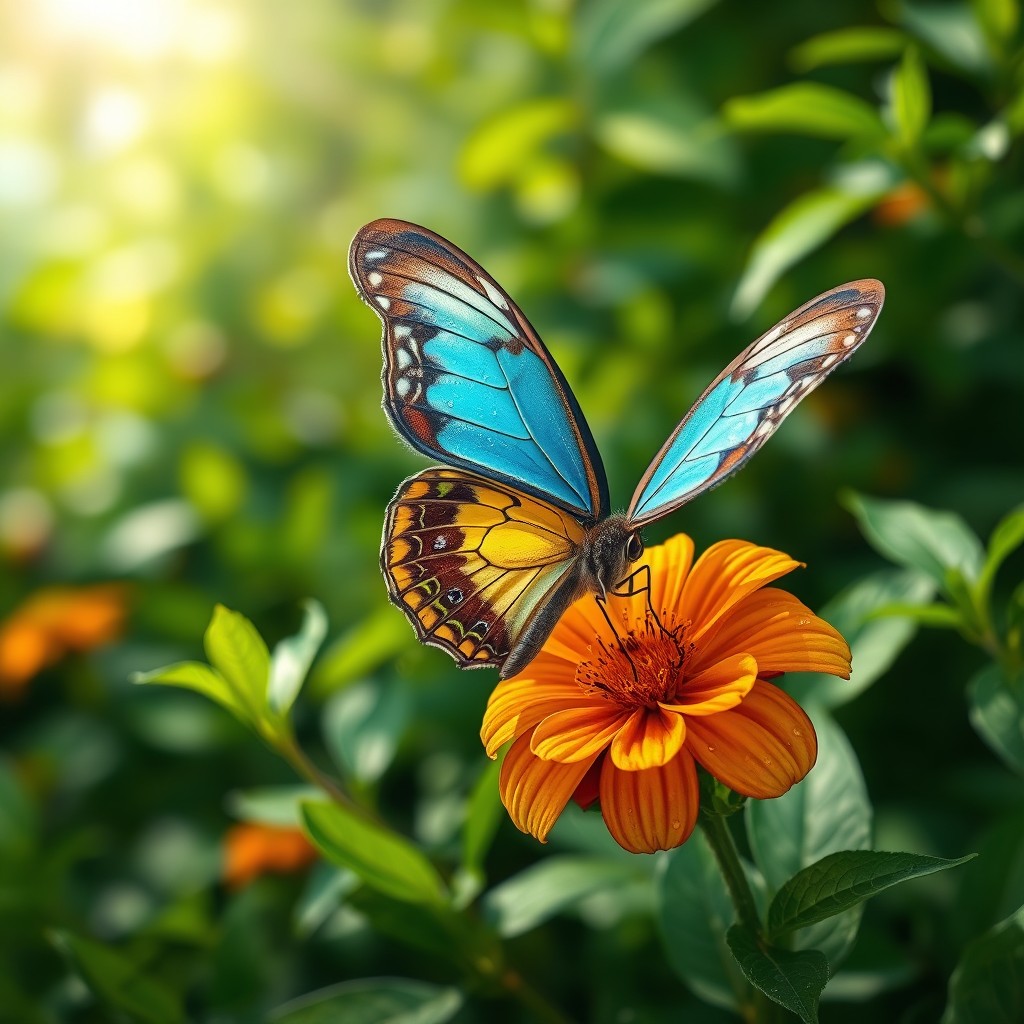 A stunningly realistic butterfly perched delicately on a vibrant flower in a lush green natural environment