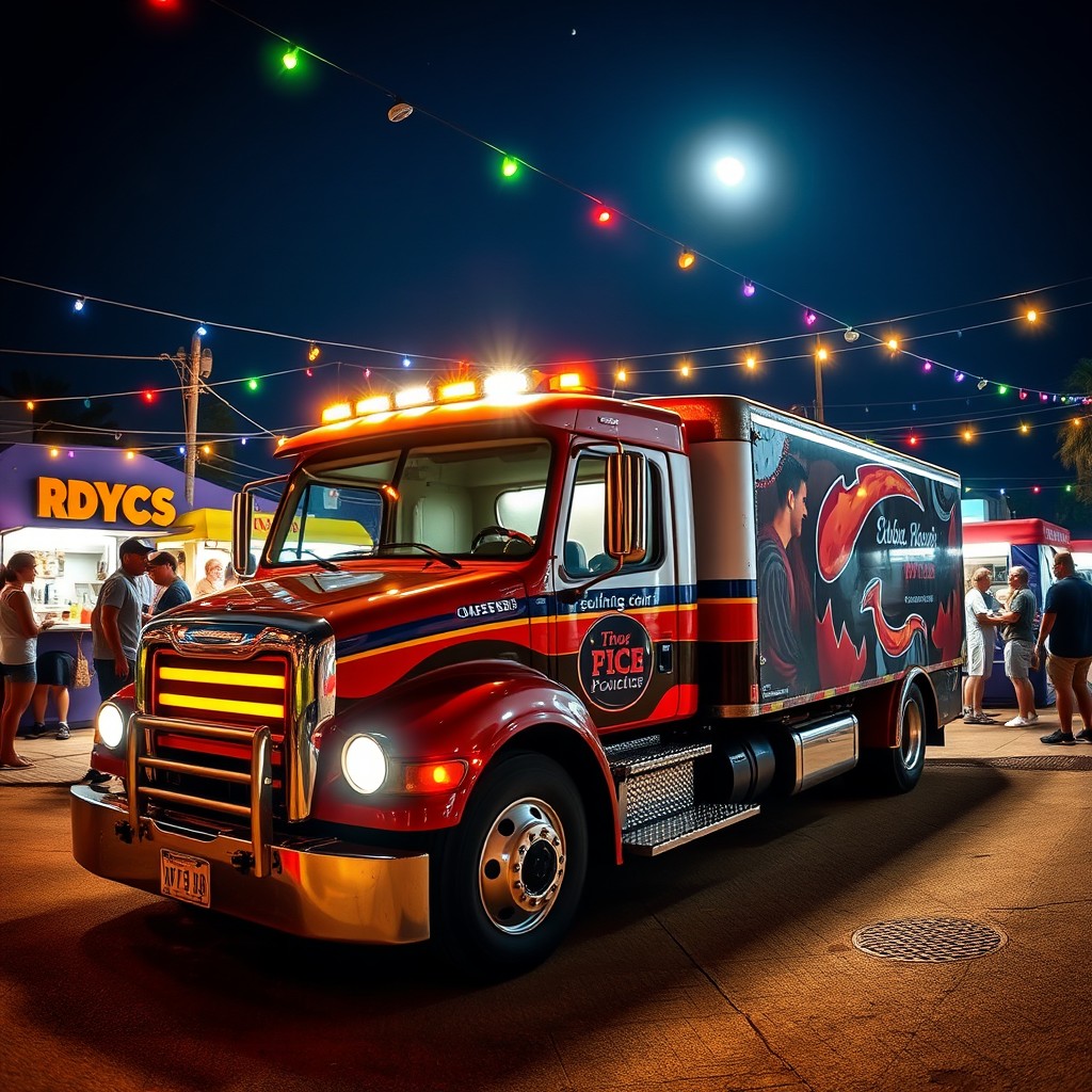 A vibrant and energetic night scene featuring a beautifully detailed truck illuminated by bright headlights, surrounded by a lively atmosphere